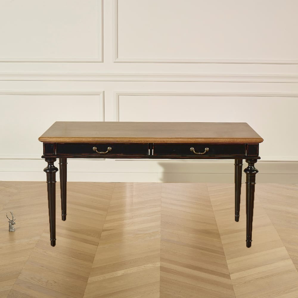 Bureau noir style shabby chic, plateau en chêne, 2 tiroirs noir