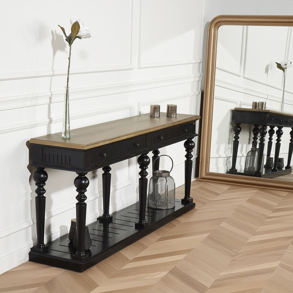 Console style shabby chic, plateau en chêne, 2 tiroirs noire