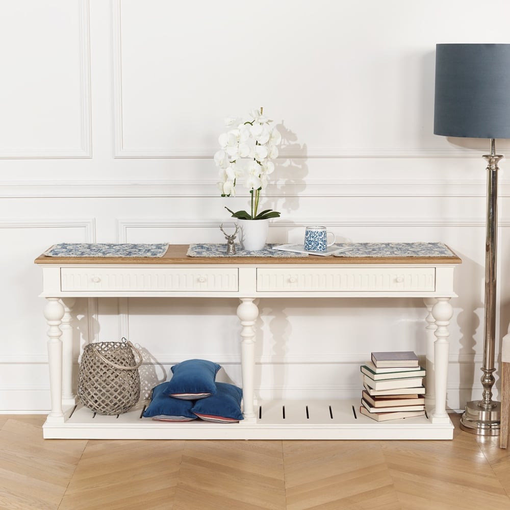 Console style shabby chic, plateau en chêne, 2 tiroirs blanc - Maisons du Monde