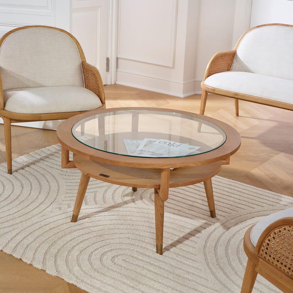 Table basse ronde style contemporain en chêne et verre trempé teinte c