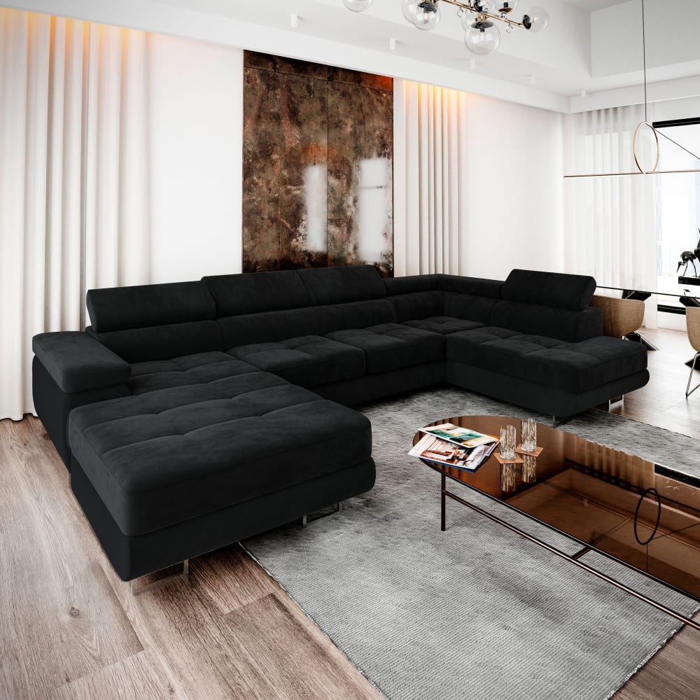 Ecksofa mit Schlaffunktion aus Velours-Stoff, Schwarz - Maisons