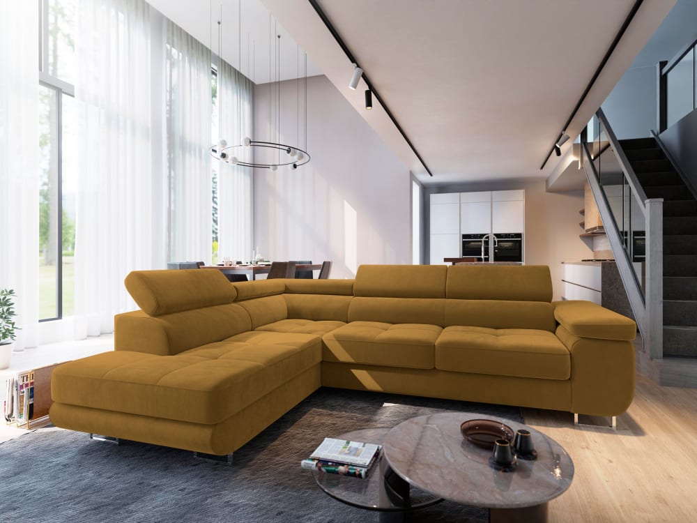 Ecksofa mit Schlaffunktion aus Velours-Stoff, Gelb - Maisons Du
