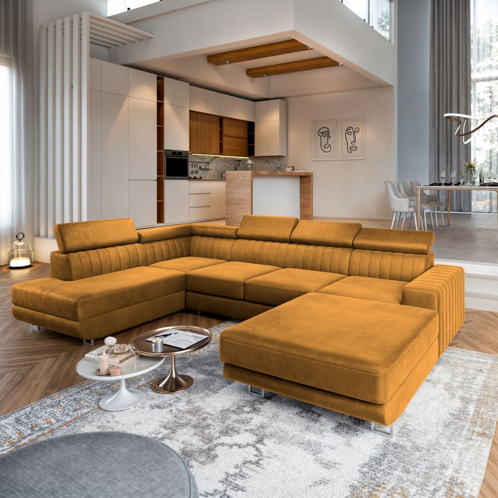 Ecksofa mit Schlaffunktion aus Velours-Stoff, Gelb - Maisons Du