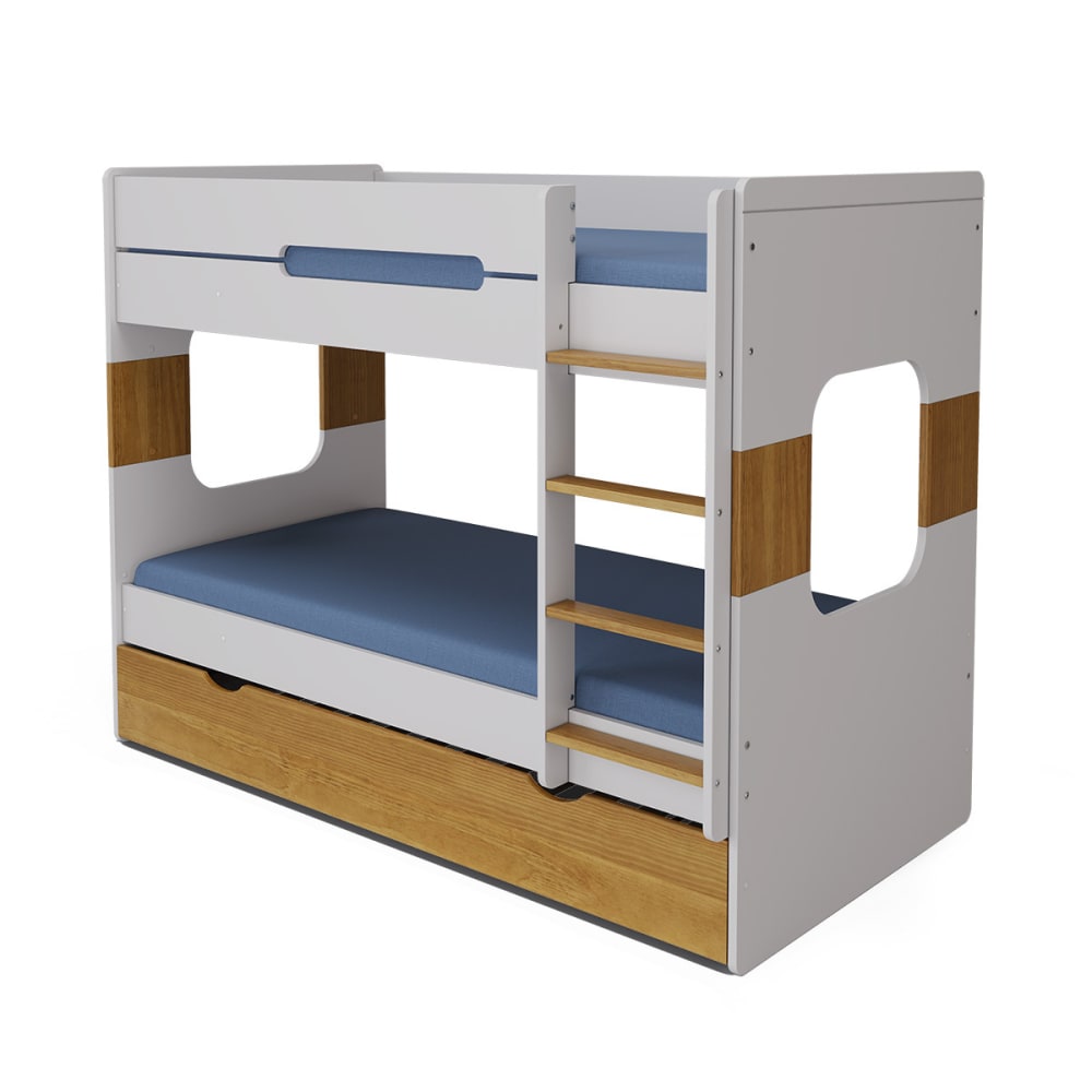 Pack lit superposé gigogne avec 2 matelas blanc et noisette 90x190 cm