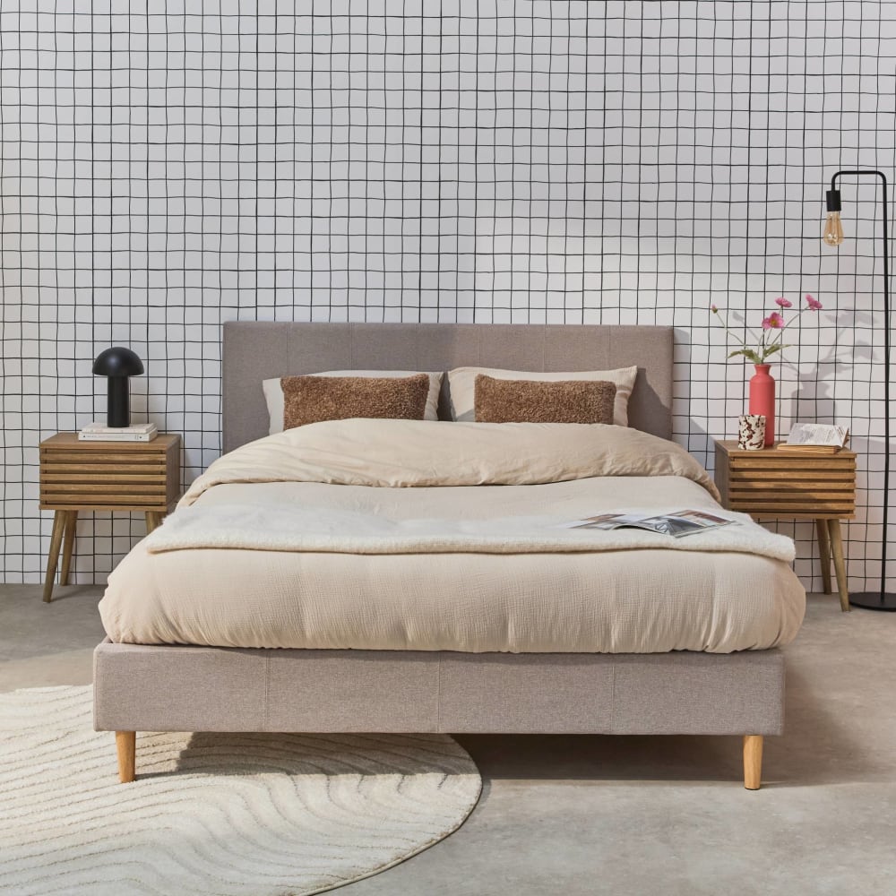 Lit avec sommier à lattes et tête de lit, beige, 140 x 190cm