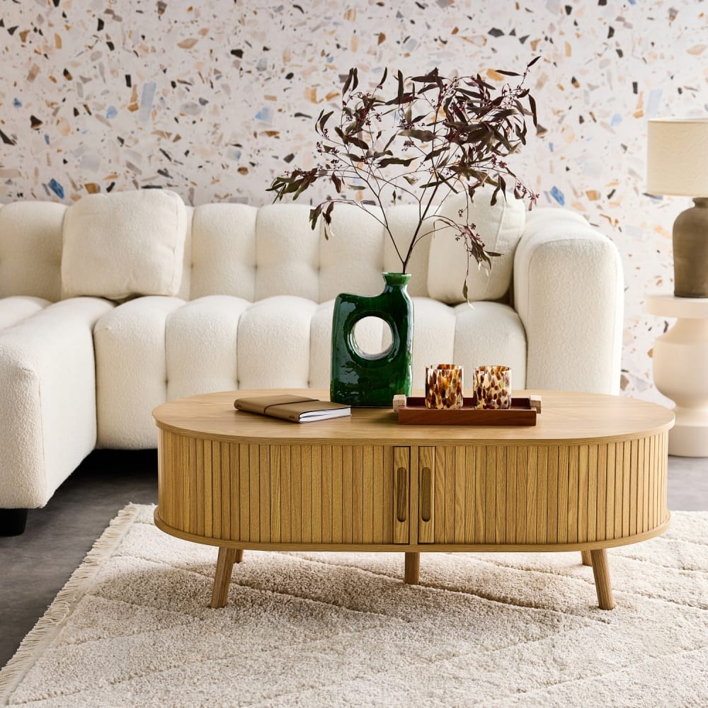 sweeek Couchtisch mit Schiebetüren B 110 cm, naturfarben style modern Beige Spanplatte