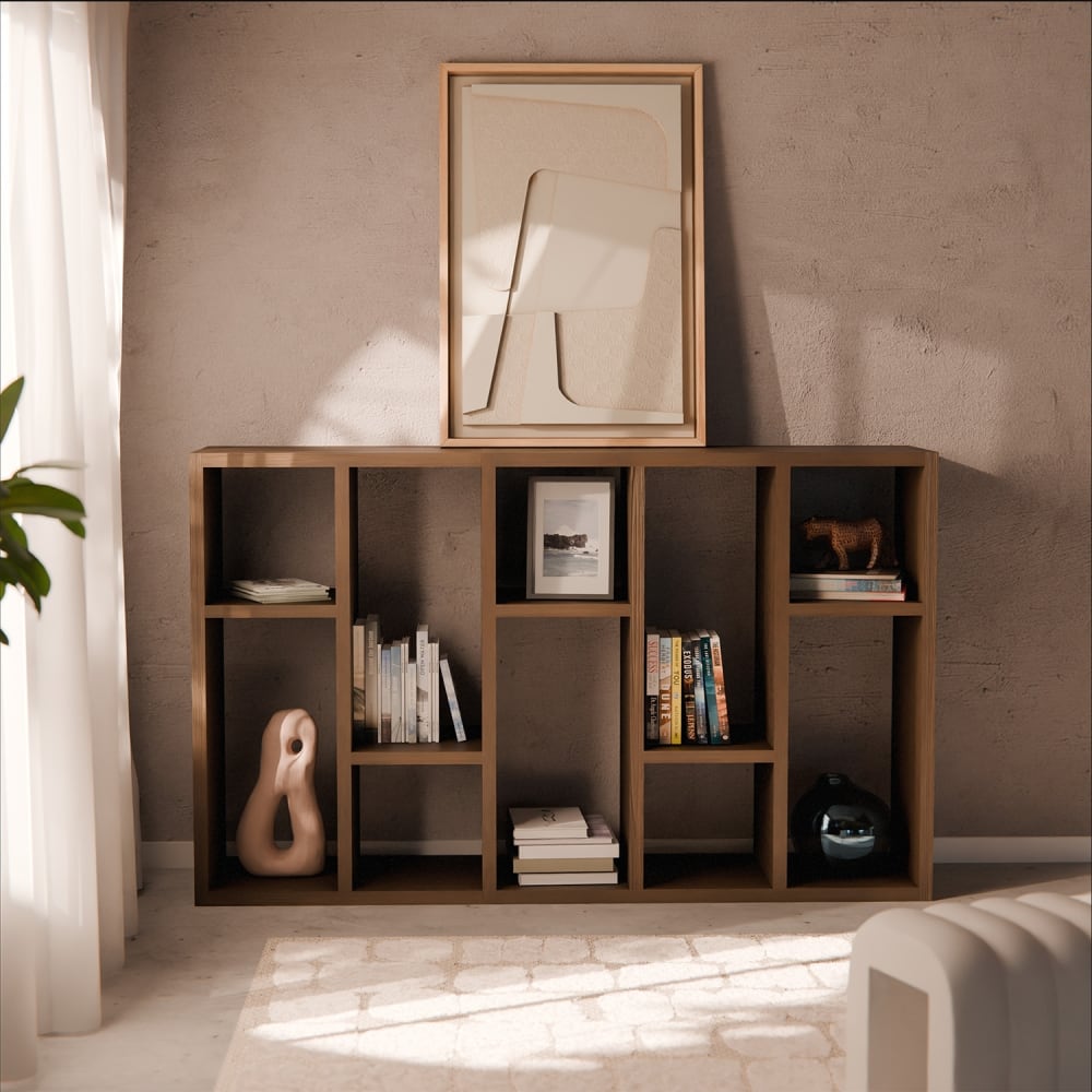 sweeek Asymmetrisches Regal 10 Stauräume, Nussbaumoptik style modern Braun Spanplatte