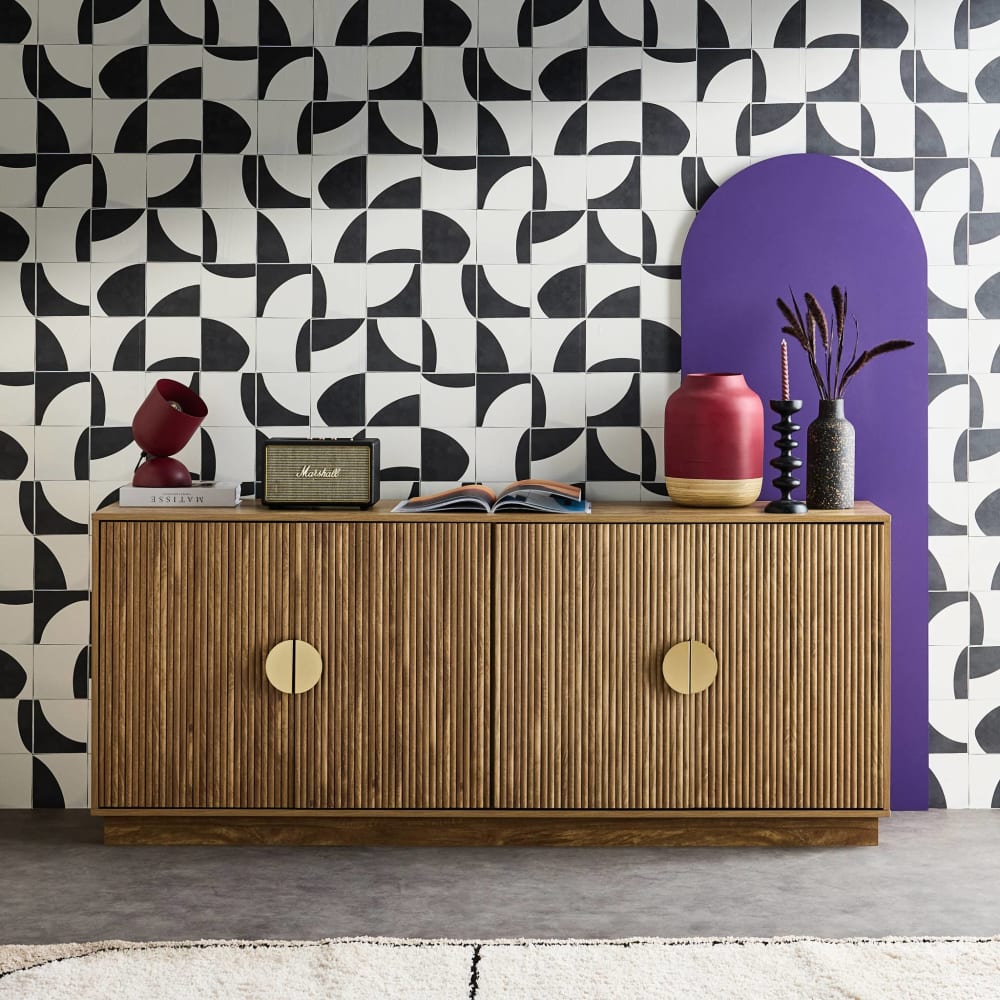 Buffet exotique 4 portes, décor bois de manguier