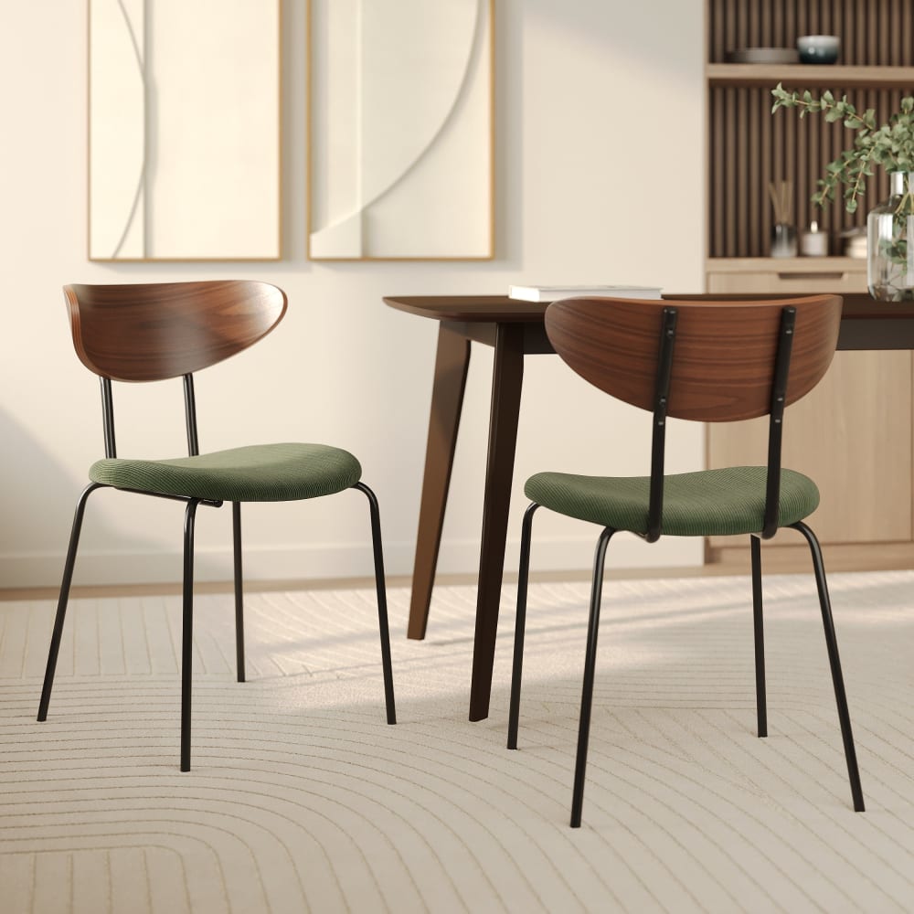 Lot de 2 chaises en velours côtelé vert kaki et dossier en noyer - Maisons du Monde