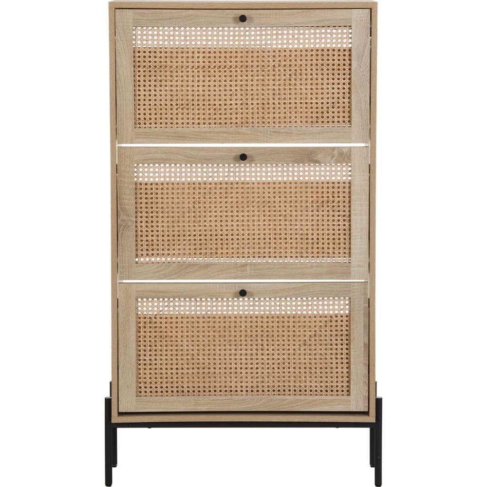Meuble à chaussures 3 portes en cannage et effet chêne 70 cm