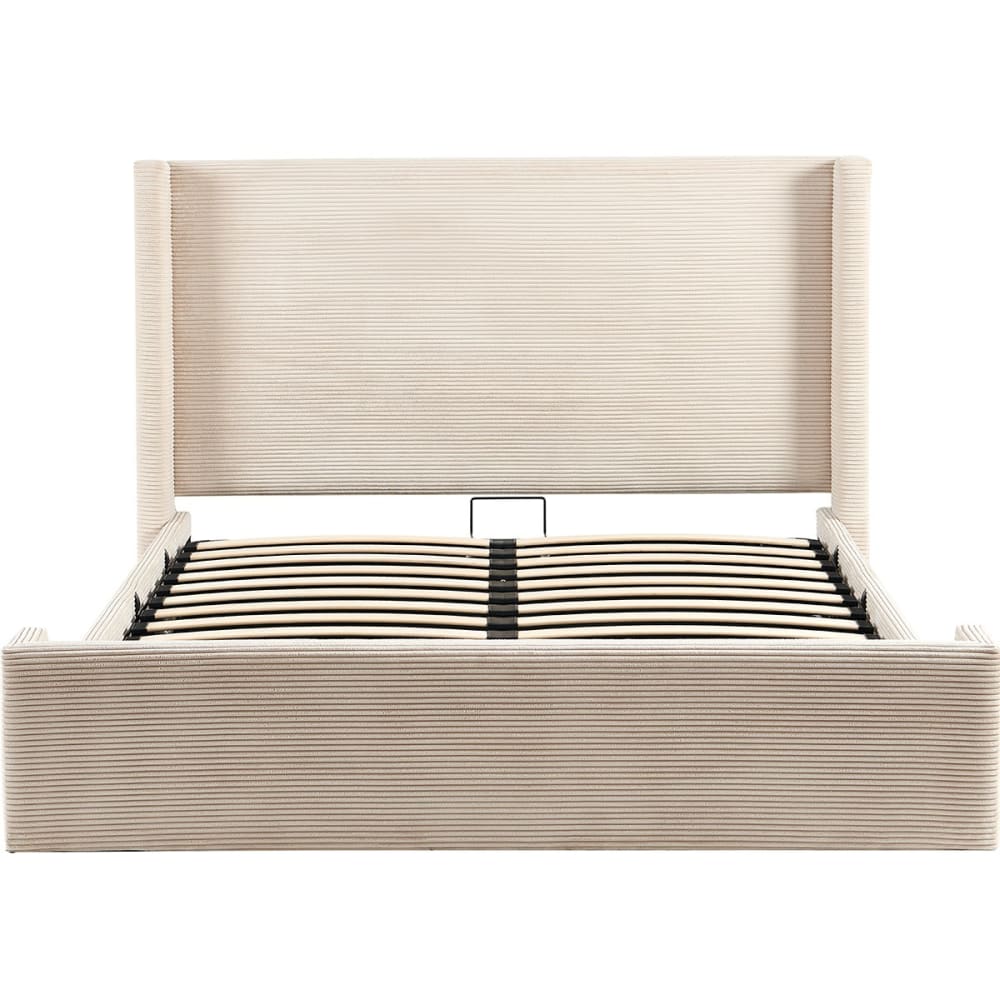 Lit coffre 140x190 cm, tête de lit capitonnée en velours côtelé beige