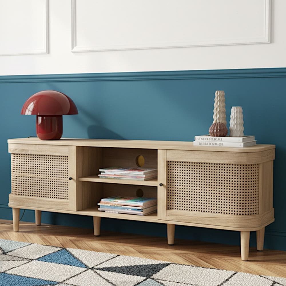 Meuble TV 2 portes couleur chêne et cannage 160 cm