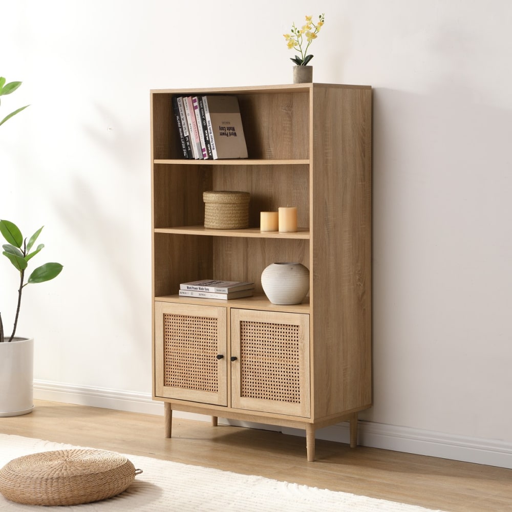 Bibliothèque 2 portes couleur chêne et cannage 84 cm