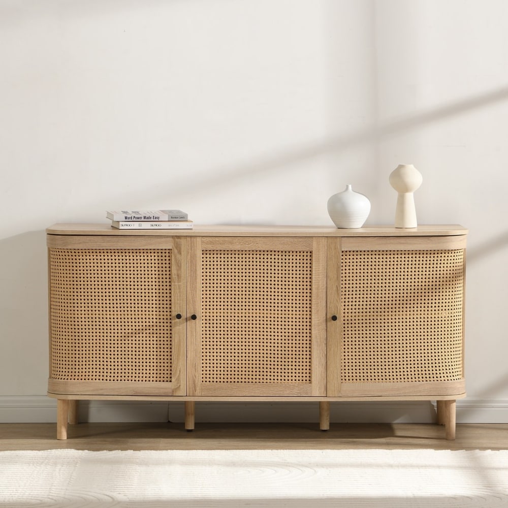 Buffet 3 portes couleur chêne et cannage 150 cm