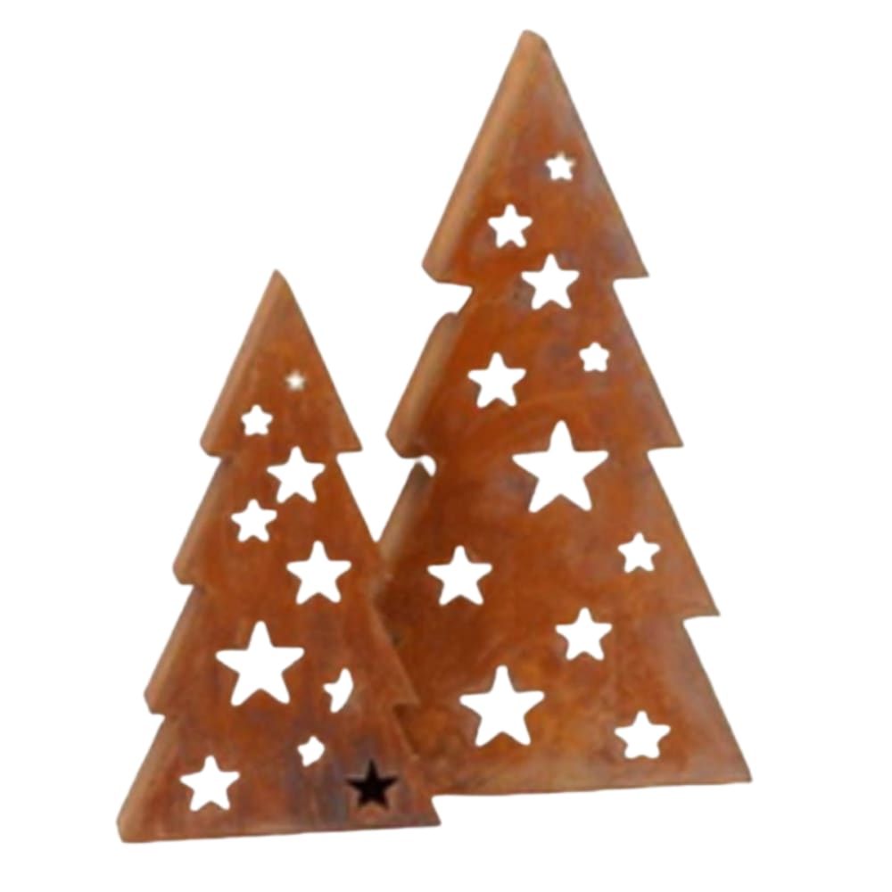 Set de deux sapins ajourées en métal rouillé marron H.50 60 cm