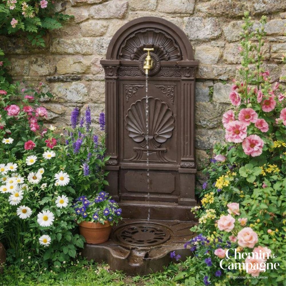 Fontaine de jardin extérieur fonte aluminium marron coquillage 84cm