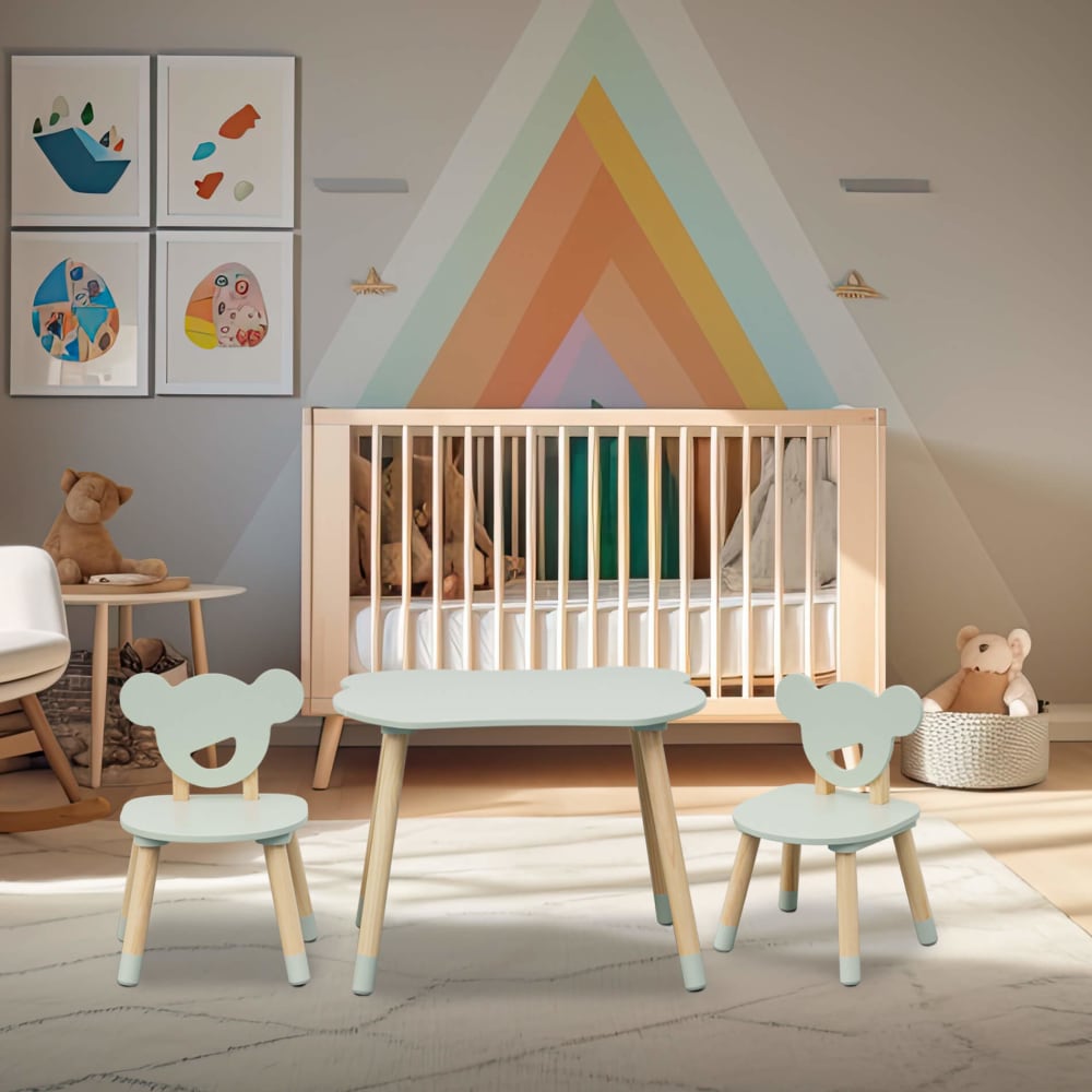 3er Set Tisch und Stühlen für Kinder, 44x60x56 cm, grün und braun