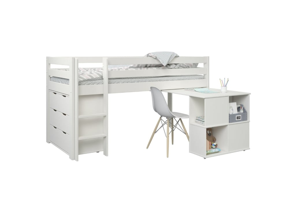 Lit mi-hauteur 90x200 avec bureau et commode blanc