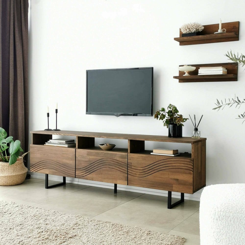 Meuble TV en bois massif brun noyer 170x30x40h cm