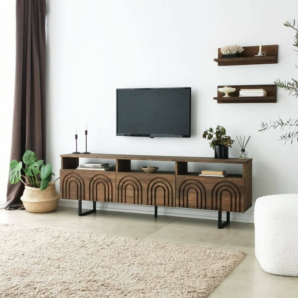 Meuble TV Bois Massif Noyer Marron 170x30x40 cm