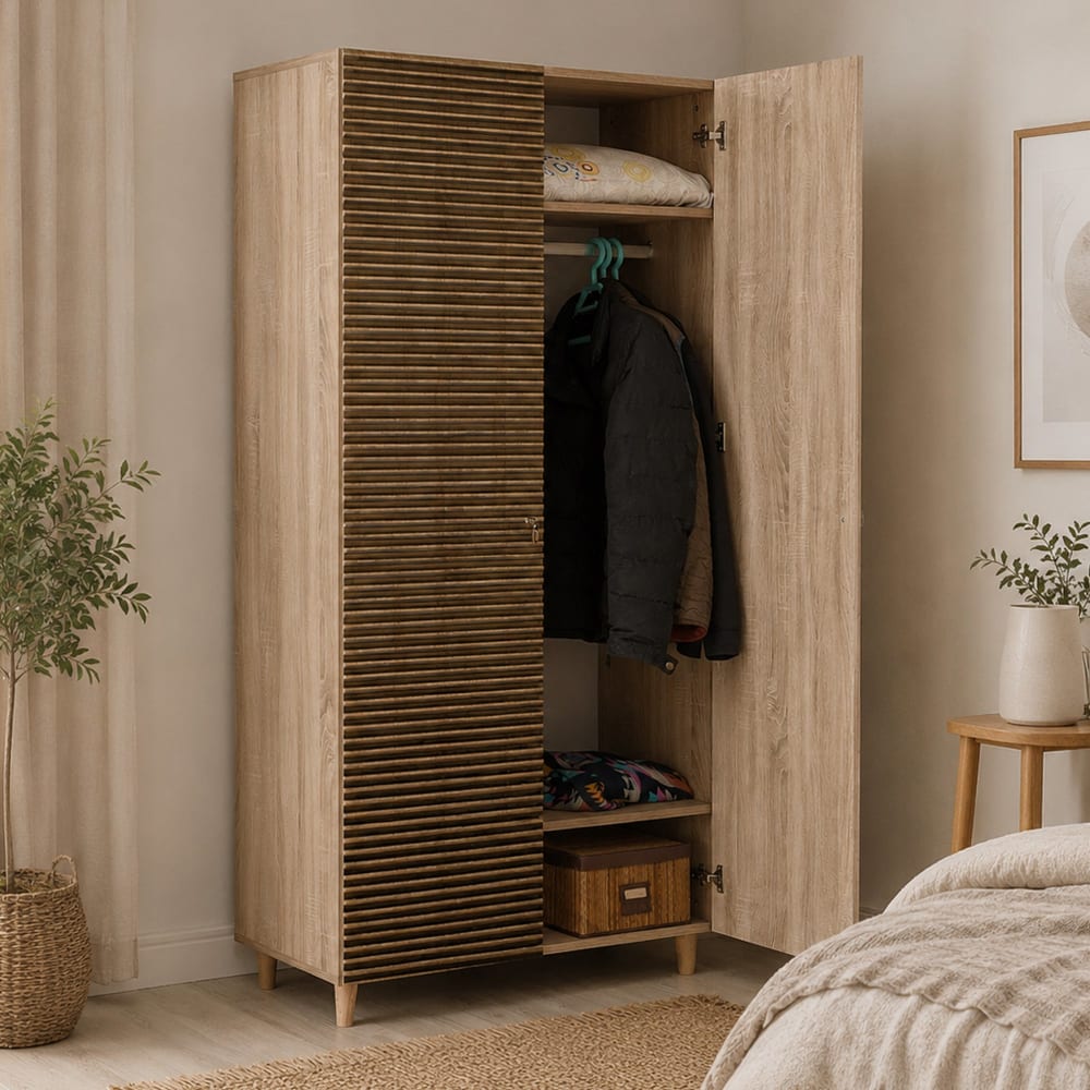 Armoire 2 portes effet bois beige 90x52 h192 cm