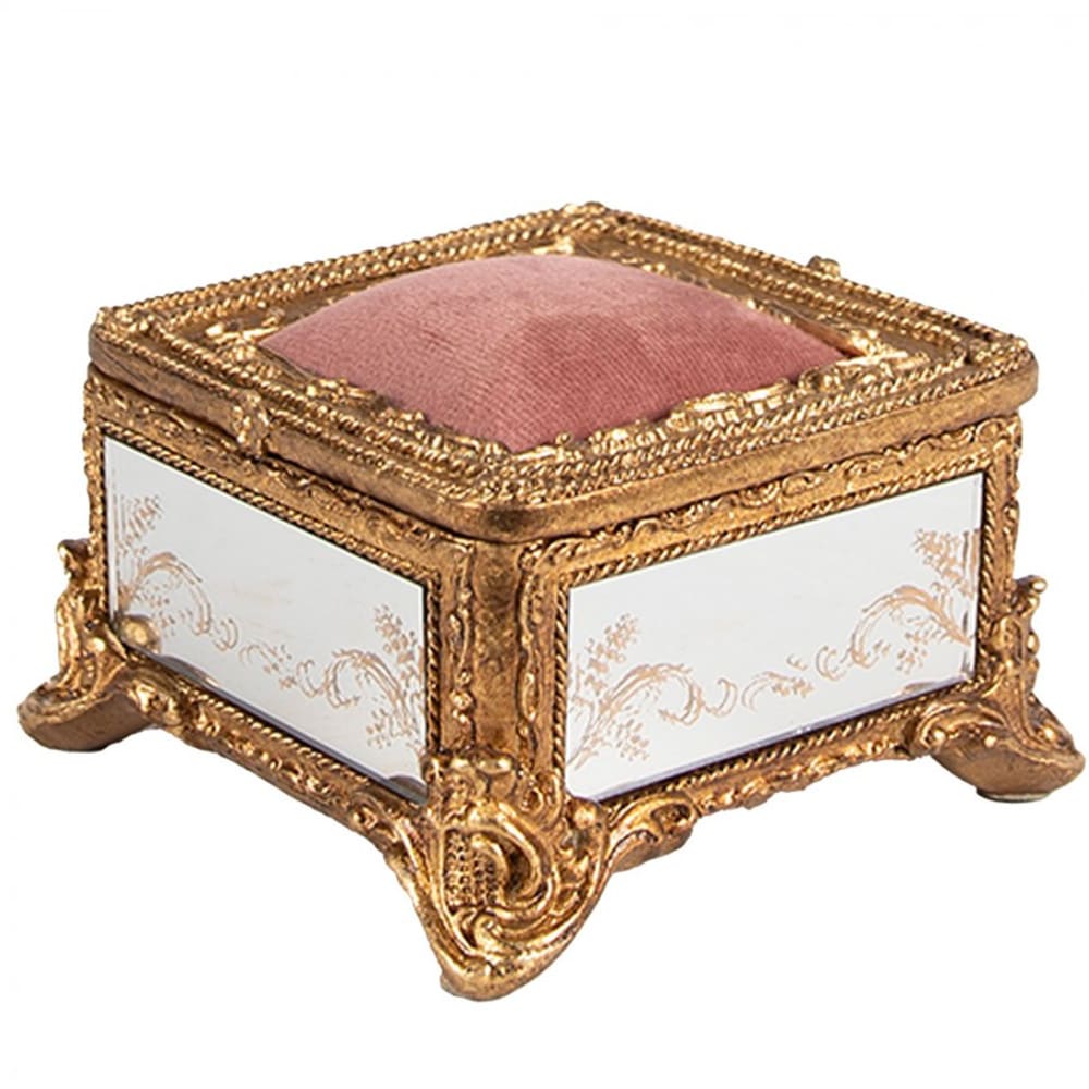 Boîte à bijoux polyrésine dorée et miroirs avec coussin velours rose 1 — vue 3