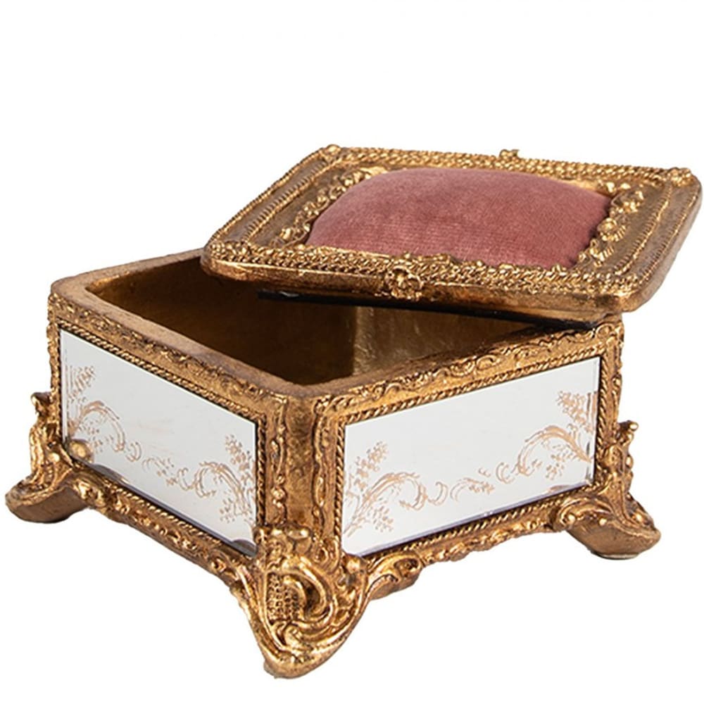 Boîte à bijoux polyrésine dorée et miroirs avec coussin velours rose 1 — vue 4
