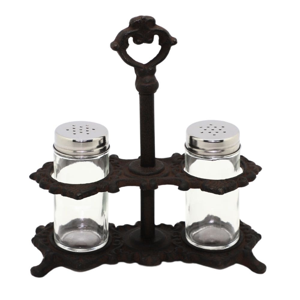 Salière et poivrière anciennes vintage fonte marron verre 18x8x20cm