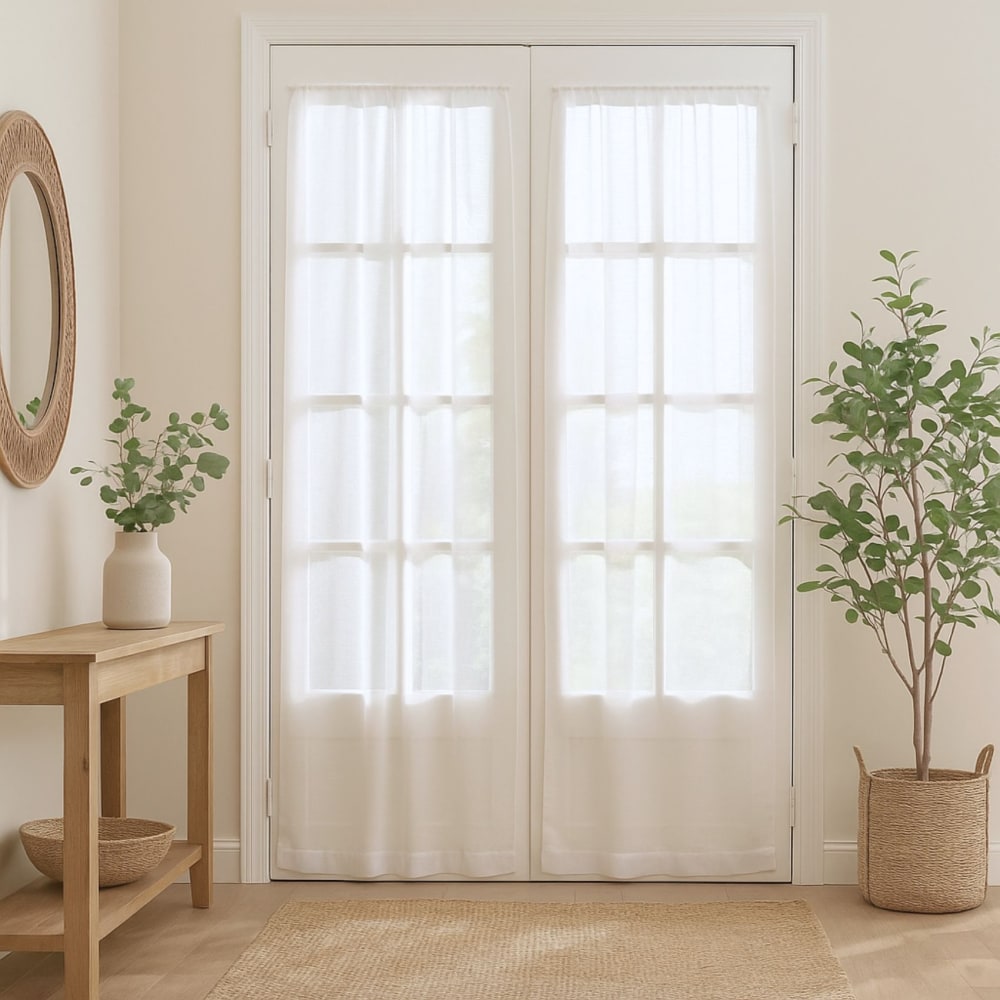 Paire de petits voilages droits finition passe tringle polyester blanc