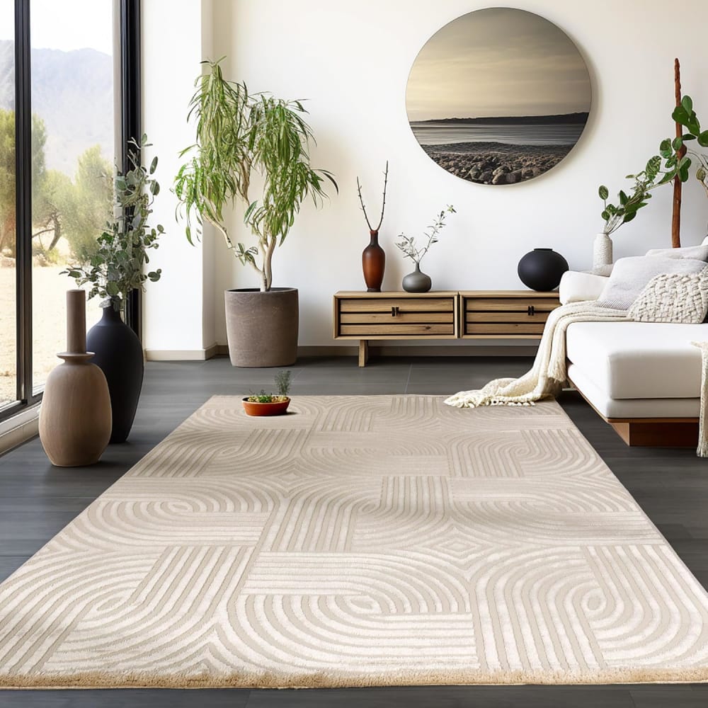 Tapis 70's laineux à motif en relief Beige 140x200cm