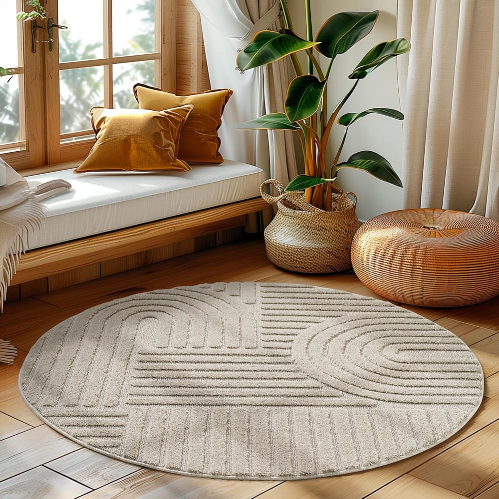 Tapis rond à relief géométriques Beige 160x160cm