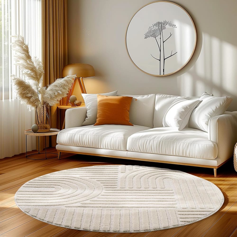 Tapis rond à relief géométriques Crème 200x200cm