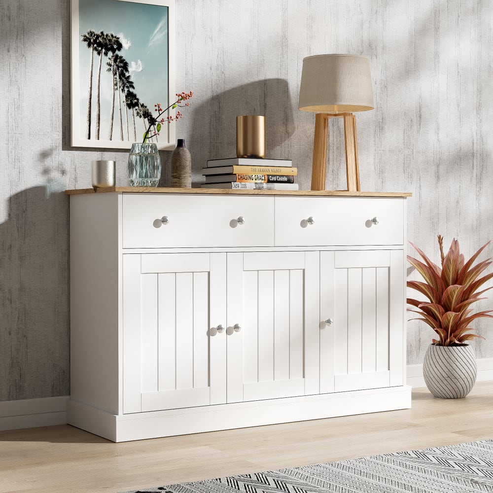 Buffet blanc texture gravée avec espace de rangement