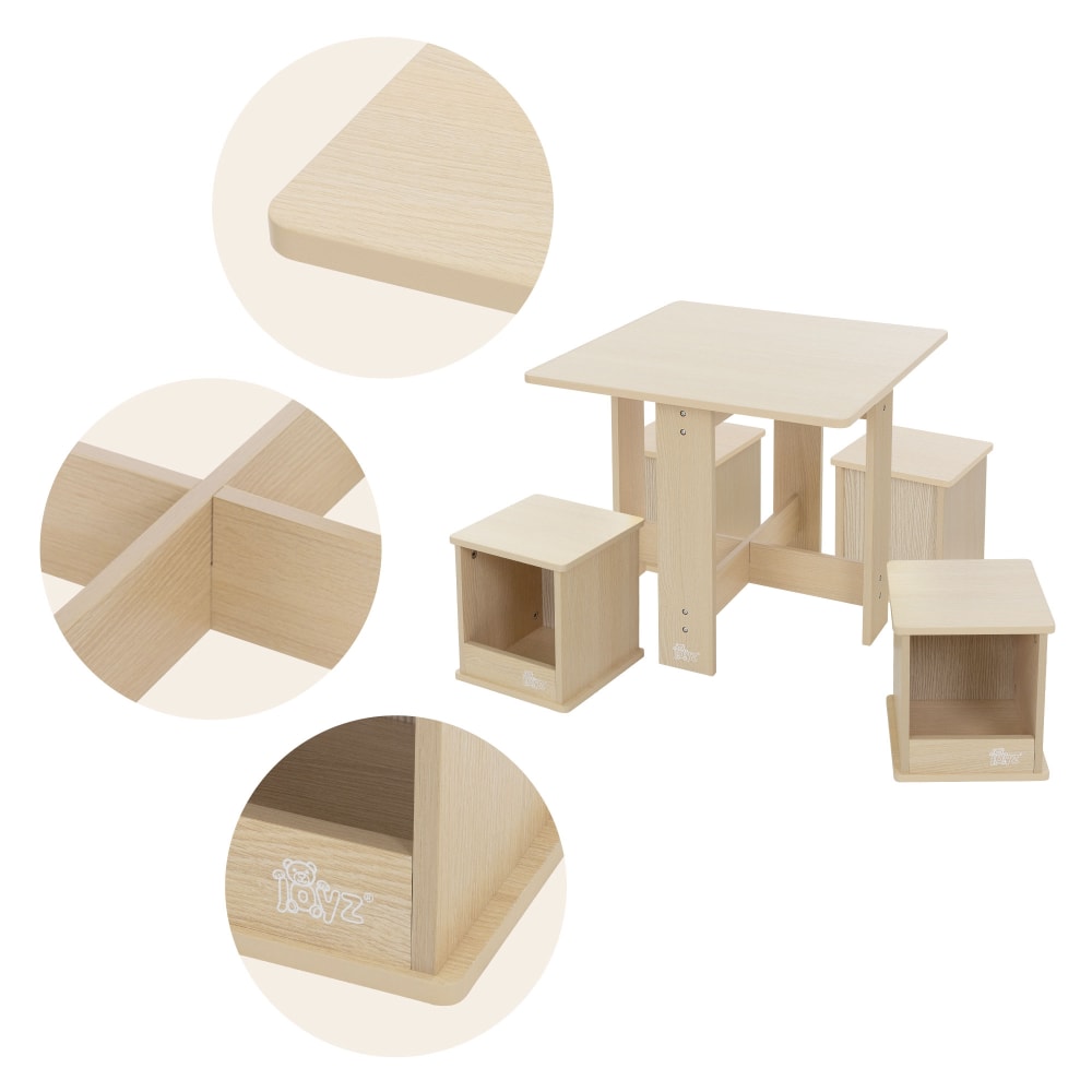 Kindersitzgruppe mit 1 Tisch und 4 Hockern, aus Holz - Maisons Du