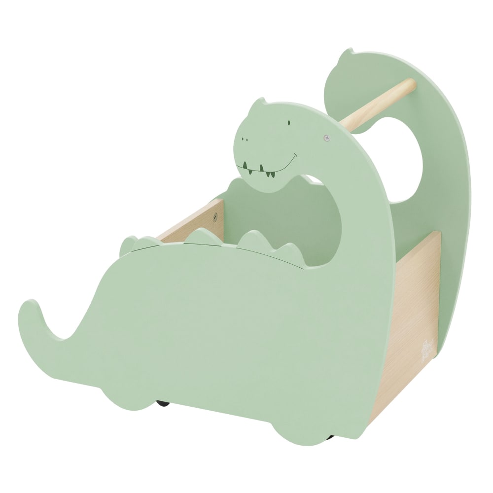 Coffre à jouets enfant bois vert naturel forme dinosaure à roulettes