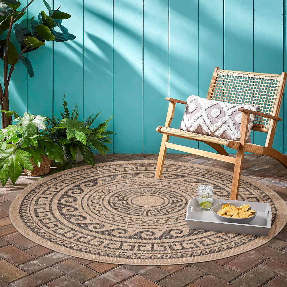 Tapis rond naturel aspect jute motif beige gris 160x160cm — vue 3