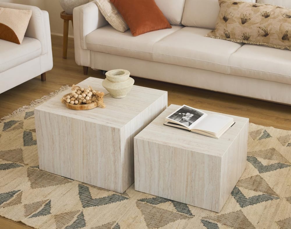Lot de 2 tables basses   effet travertin   58 et 50 cm beige - Maisons du Monde