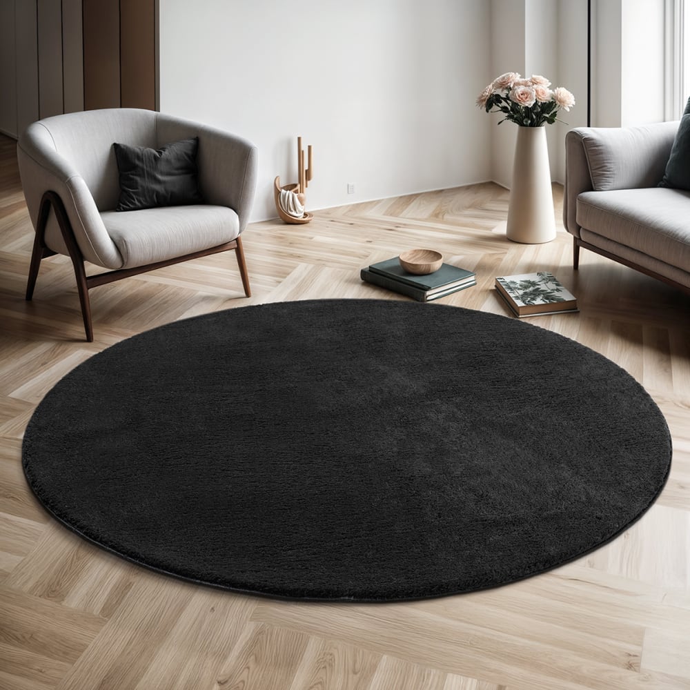 The carpet Teppich, waschbar und Anti-Rutsch, Uni-Farben, Schwarz, 200 cm, Rund style modern Schwarz Pes - Polyester