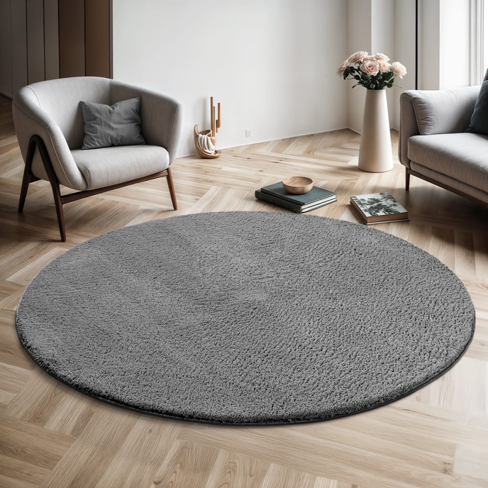 The carpet Teppich, waschbar und Anti-Rutsch, Uni-Farben, Anthrazit, 120 cm, Rund style modern Schwarz Pes - Polyester