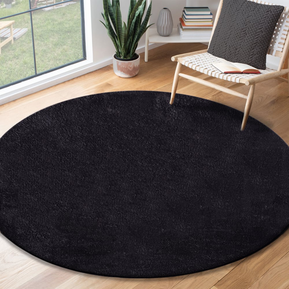 Tapis lavable et antidérapant, uni, noir, 120 cm, rond