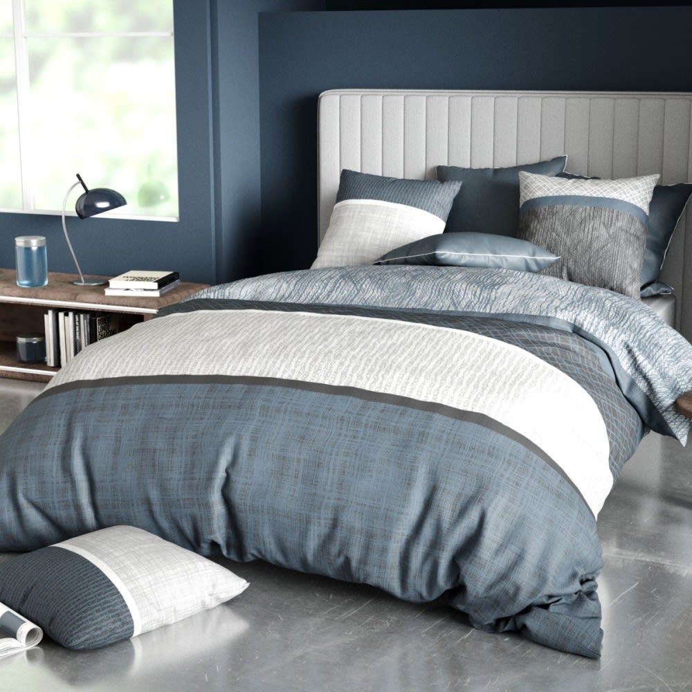 Atelier du coton Parure de couette 100% coton 57 fils imprimée 260x240cm 2 taies style classique chic Gris