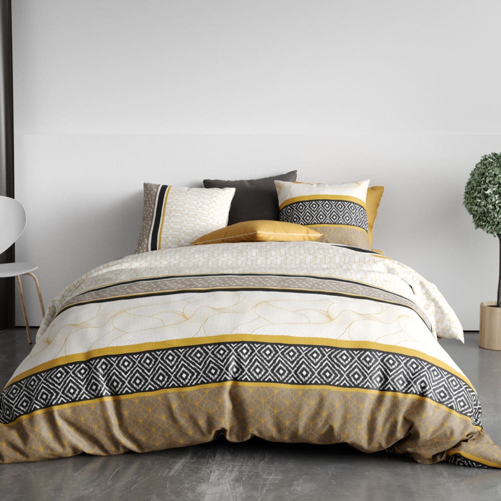 Parure housse de couette coton imprimée + 2 taies 260x240 cm