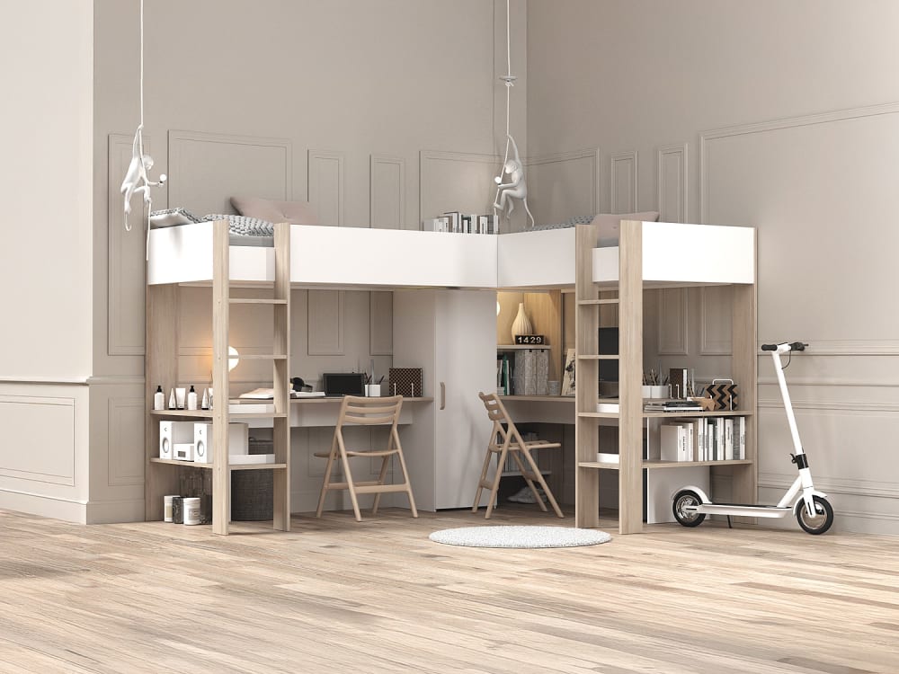 Lit mezzanine effet bois , blanc 90 x 200 cm