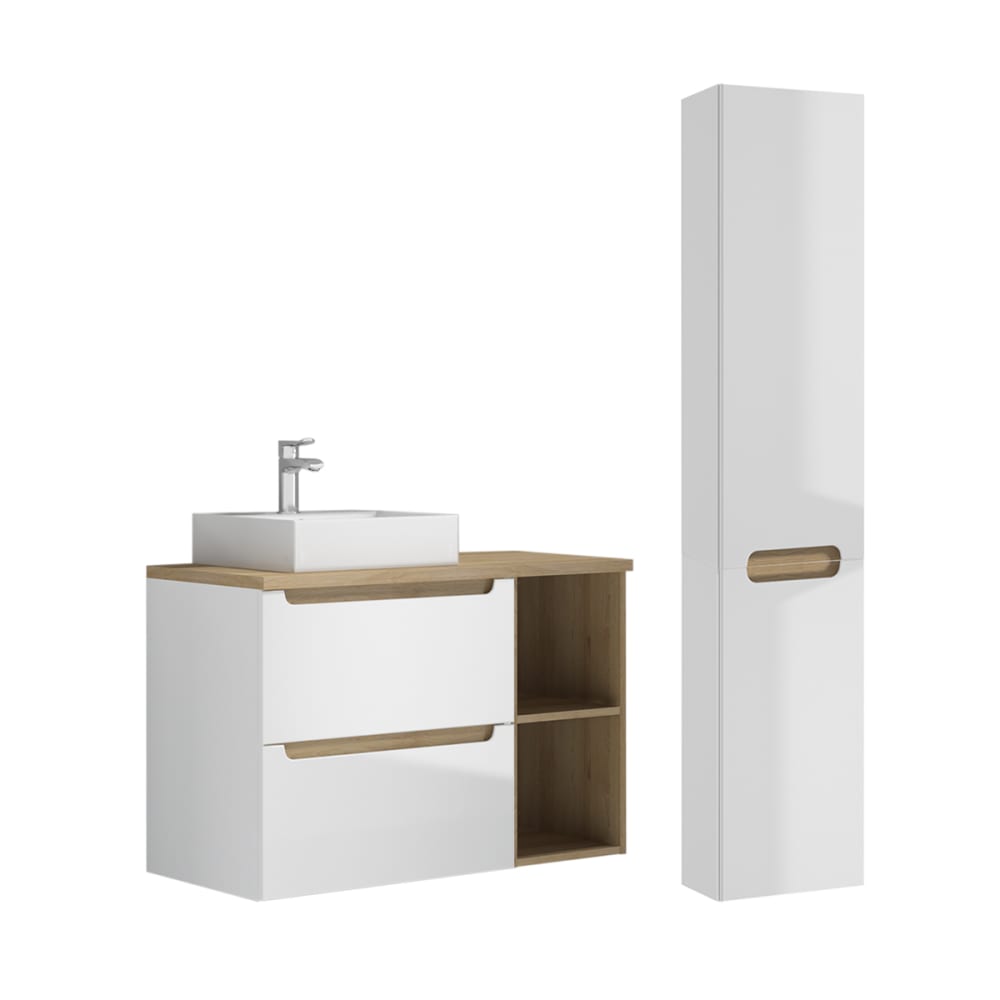 Ensemble meuble vasque 90cm colonne stratifiés blanc