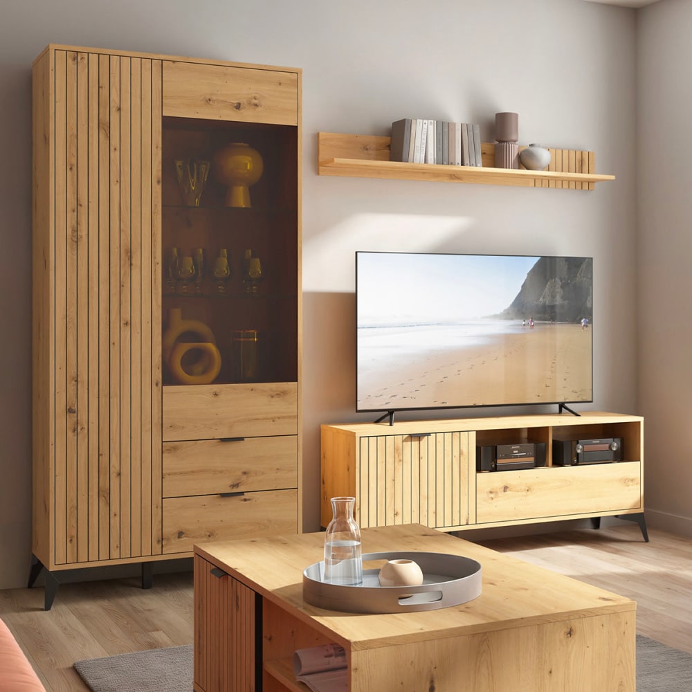 Meuble tv 1 porte 1 tiroir 135 cm panneaux aggloméré stratifié marron - Maisons du Monde