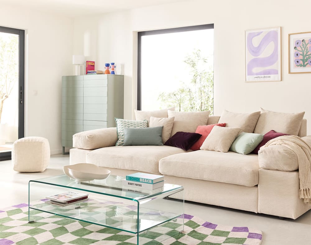 Canapé 4 places assise profonde en velours côtelé beige