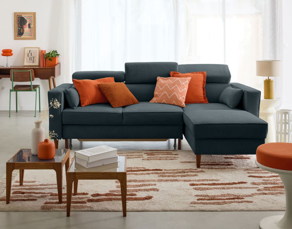 Canapé d'angle réversible convertible 4 places en tissu texturé bleu - Maisons du Monde
