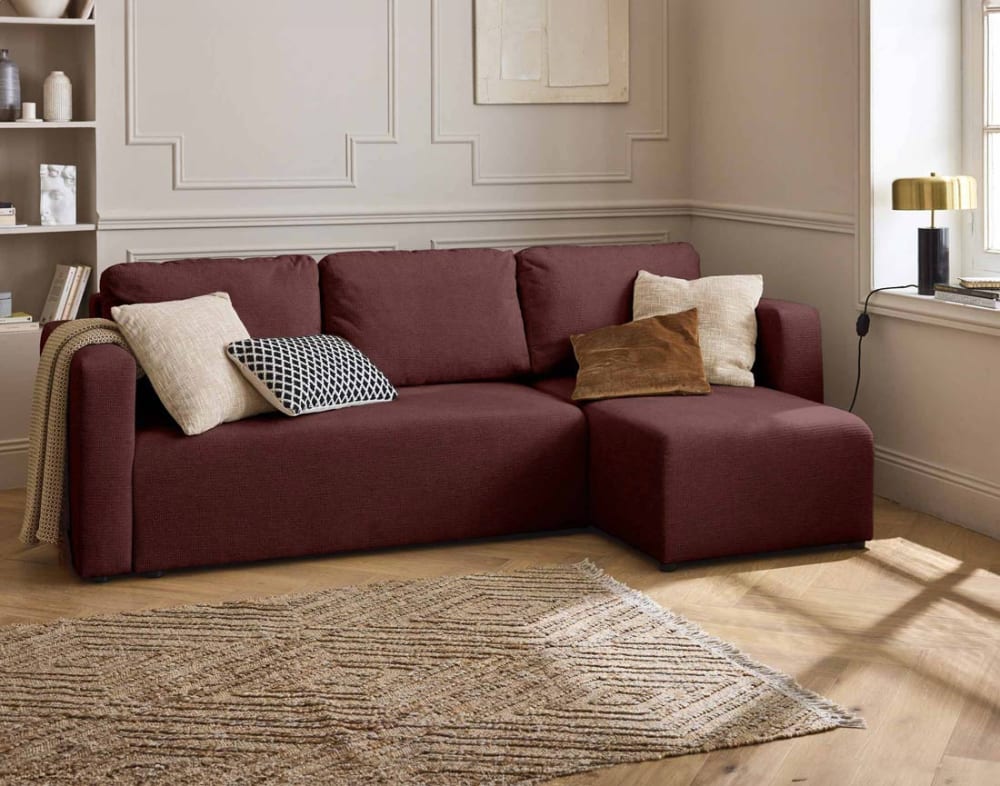 Canapé d'angle réversible convertible 4 places en tissu texturé prune