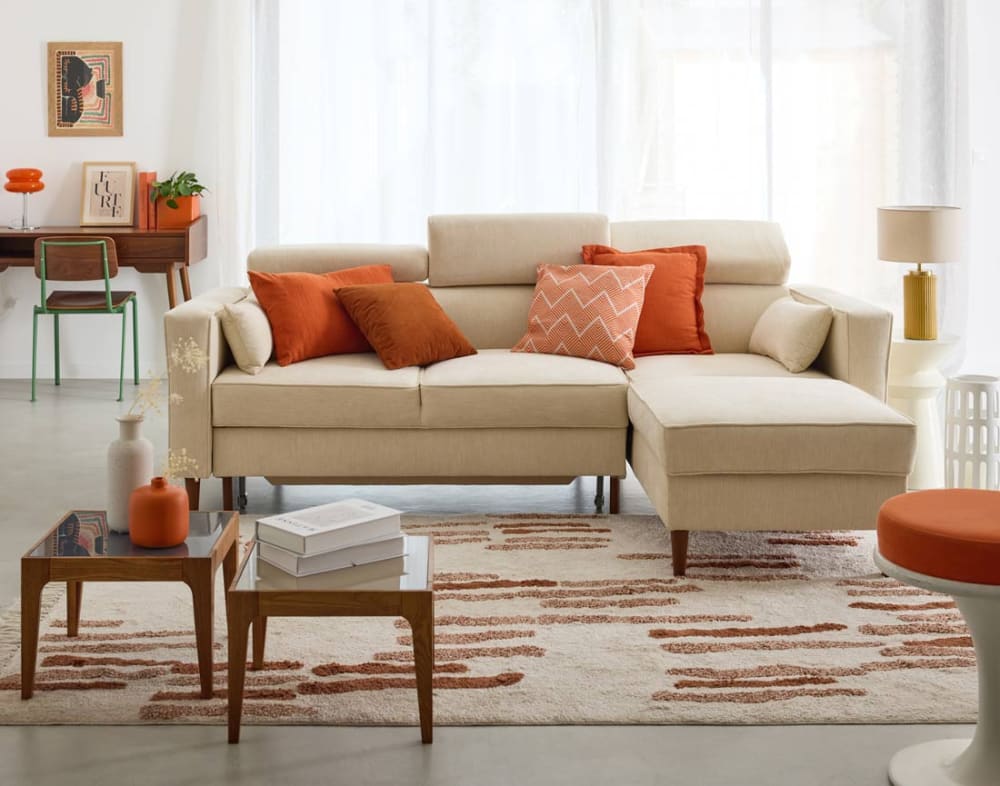 Canapé d'angle réversible convertible 4 places en tissu texturé beige - Maisons du Monde