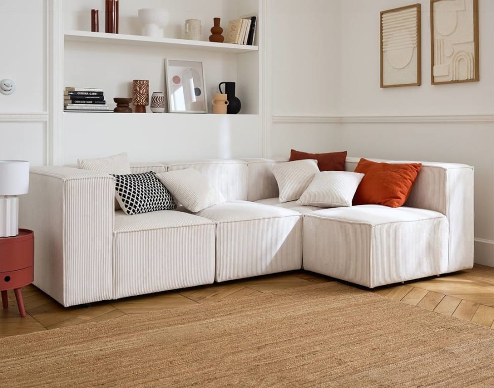 Best Mobilier Canapé modulable d'angle droit 4 places en velours côtelé beige style contemporain